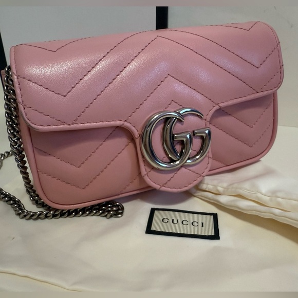 Gucci GG Marmont Super Mini Leather Crossbody In Pink/ Silver - Picture 4 of 16